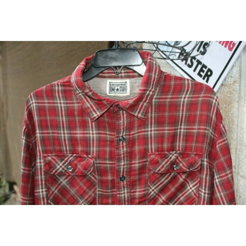 Converse One Star Men's XL Red/White/Black Plaid Button Up 2 Pockets Long Sleeve